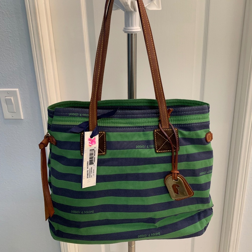 NWT Dooney & Bourke Victoria Green & Navy Striped Nautical 17" Shopper Tote